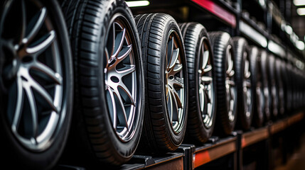 Wall Mural - Car tires in the shop. Auto service industry. Selective focus.  3d rendering of car tires in a car repair service station. Rows of car tires in warehouse.  