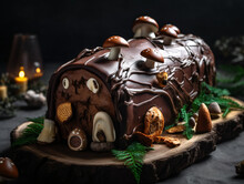Yule Log Cake Covered In Chocolate Ganache And Decorated With Edible Mushrooms