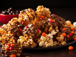 
Caramel and chocolate-drizzled popcorn mixed with holiday-themed candies