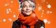 Lovely Older Woman with Woolly Hat, Falling Snowflakes, Orange Backdrop, European Business Charm, Christmas Festivity, AI generated