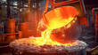 Molten metal in big ladle container. Iron casting in metallurgy foundry plant, heavy industry.