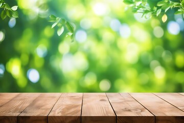 Wall Mural - wood table perspective and green leaf bokeh blurred for natural. 