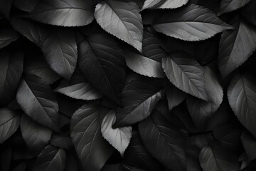 Wall Mural - Black background. Background from autumn fallen leaves closeup. Black and white photo..