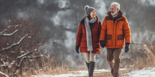 Snowy Stroll: Elderly Couple Embraces Winter's Beauty On A Frosty Walk, AI Generated