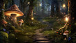 A path that leads to a separate world deep in the forest.A wonderful environment for fairy tale illustrations and even wallpapers.A magical fairy-tale forest with the lights of fireflies.AI generated.