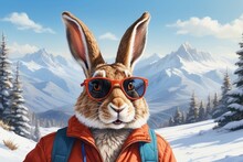 Portrait Of A Funny Realistic Hare In Sunglasses In Front Of A Panorama Of Snowy Mountains