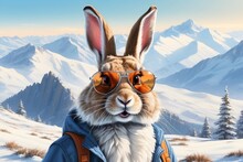 Portrait Of A Funny Realistic Hare In Sunglasses In Front Of A Panorama Of Snowy Mountains