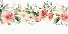 Bouquet Border - Green Leaves And Blush Pink Flowers On White Background. Watercolor Hand Painted Seamless Border. Floral Illustration. Foliage, Generative AI