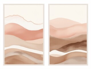Wall Mural - Abstract Arrangements. Landscapes, mountains. Posters. Terracotta, blush, pink, ivory, beige watercolor Illustration and gold elements, on white background. Modern print set. Wall art. Generative AI