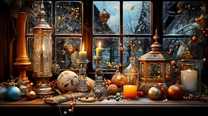 The sill of a winter window with various antique objects