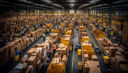 Poster - Efficient conveyor belt system moving cardboard box packages in a busy warehouse fulfillment center