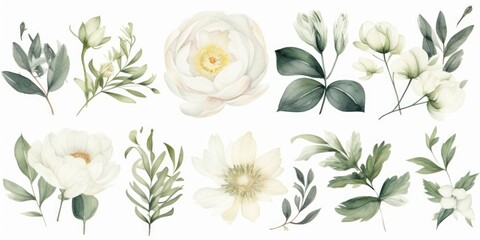 Wall Mural - Watercolour floral illustration set. White flowers, green leaves individual elements collection. Rose, peony, eucalyptus, chamomile. invitations, anniversary, birthday, prints, Generative AI