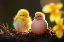 A Yellow Chicken Looks At A New-born Chick Hatching From An Egg