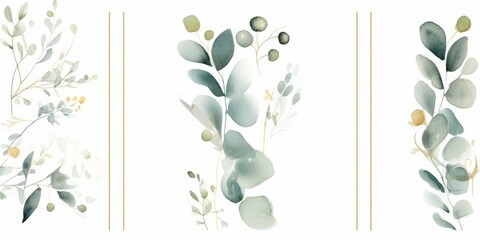Wall Mural - Watercolor floral illustration set - bouquet, frame, border. White flowers, rose, peony, gold green leaf branches collection. Wedding invites, wallpapers, fashion. Eucalyptus, Generative AI
