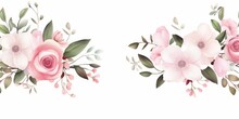 Watercolor Floral Border Wreath With Green Leaves, Pink Peach Blush White Flowers Branches, For Wedding Invitations, Greetings, Wallpapers, Fashion, Prints. Eucalyptus, Olive, Rose, Generative AI