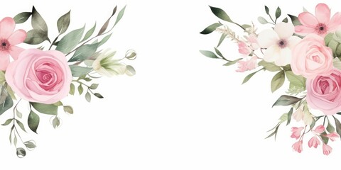 Wall Mural - Watercolor floral border wreath with green leaves, pink peach blush white flowers branches, for wedding invitations, greetings, wallpapers, fashion, prints. Eucalyptus, olive, rose, Generative AI