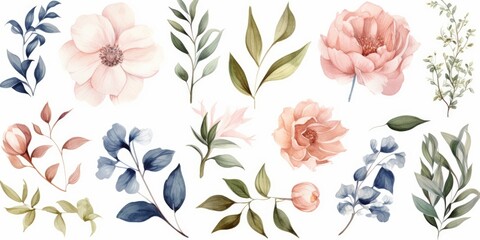 Wall Mural - Watercolour floral illustration set. DIY blush pink blue flower, green leaves individual elements collection - for bouquets, wreaths, wedding invitations, anniversary, birthday, Generative AI