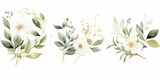 Fototapeta Sypialnia - Watercolor floral illustration set - white flowers, green gold leaf branches collection, for wedding stationary, greetings, wallpapers, fashion, background. Eucalyptus, olive, leaves, Generative AI