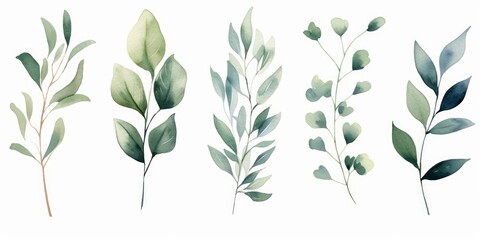 Wall Mural - Watercolor floral illustration set - green leaf branches collection, for wedding stationary, greetings, wallpapers, fashion, background. Eucalyptus, olive, green leaves, Generative AI