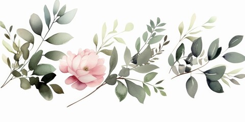 Wall Mural - Watercolor floral bouquet set with green leaves, pink peach blush white flowers, leaf branches, for wedding invitations, greetings, wallpapers, fashion, prints. Eucalyptus, olive, rose, Generative AI