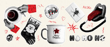 Halftone Collage Christmas Set With Funky Doodle Shapes. Gift, Lips, Mug, Gingerbread, Christmas Sock. Trendy Vector Illustration