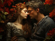 Portrait of a couple in love, young man and woman in retro renaissance costumes, sensual and in an intimate attitude and about to kiss among flowers. Concept of love, romance and medieval passion 