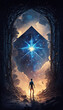 Fantasy concept illustration, man in front of giant dreamy opening, round cosmic doorway, circular mystical astrological gate, magical boy, blue star and starry sky. vertical esoteric scenery