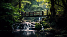 A Small Waterfall In A Lush Green Forest With A Bridge Over It And A Wooden Walkway Leading To A Waterfall