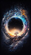 Fantasy illustration poster with immense cosmic circle portal, magical dimensional passage in astral night space. graphic resource for vertical covers and prints