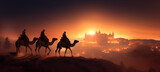 Fototapeta Konie - Reyes magos viajando por el desierto, llegando a Belén. Noche de reyes magos. Día de reyes magos.
