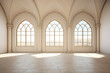 Interior an empty room by romanesque style with light stucco walls, vaulted ceiling, large windows in the form of arches, tiled floor