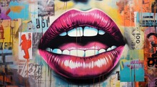 Urban Expression Through Art: A Lips Against A Vibrant Graffiti And Newspaper Collage