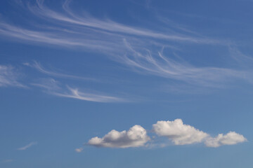 blue background of cloudy sky cirrus and cumulus clouds