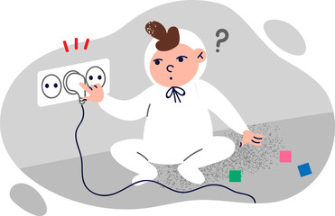 curious baby sticks fingers into socket and risks getting electric shock due to carelessness parents