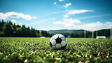 Fototapeta Sport - Close-up of a soccer ball in the green grass, a cloudy sky can be seen in the background, no people