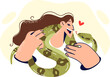 Woman with snake around neck smiles and looks at green python, rejoicing at presence of beloved pet