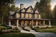 a farmhouse with cobbled stone walls, a covered porch, and dormer windows, blending rustic charm with a touch of sophistication
