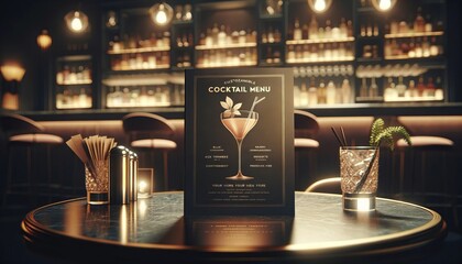 A cocktail menu mockup in an elegant bar setting, featuring a blank menu against a backdrop of bar accessories and glasses.