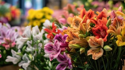 Wall Mural - Multicolored alstroemeria flowers in the spring garden. Mother's day concept with a space for a text. Valentine day concept with a copy space.