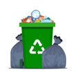 Full garbage bin and black plastic trash bags around. Overflowing recycling container with trash. Green recycle can. Street dump pollution, bin container pile, trashcan basket. Vector illustration.