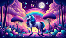 Neon-hued Unicorn Set Within A Fantastical Landscape Filled With Rainbows Generative AI 