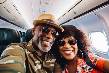 Happy smiling older black tourist couple taking selfie inside airplane. Tourism concept, holidays and traveling lifestyle.