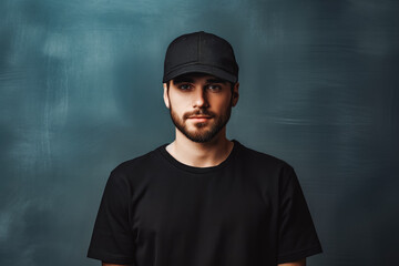 Wall Mural - man wearing plain black cap and shirt for mockup. Fashion model male with black cap and neutral background. Black cap mockup.