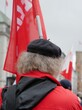 Grauhaariger mit Baskenmütze und Fahne auf Demo