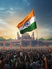 India independence, People celebrating, waving gaint flag, hyper realistic, truephoto, generative ai