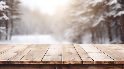 Wall Mural - Wooden table against the backdrop of a winter forest. Generation AI