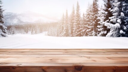 Wall Mural - Wooden table against the backdrop of a winter forest. Generation AI