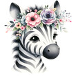Cute floral zebra watercolor clipart, PNG illustration with transparent background