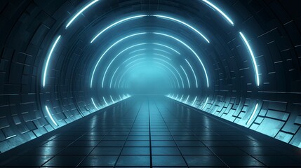  Futuristic tunnel, neon light. Generation AI