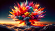 A dazzling explosion of colorful clouds against a mountainous backdrop at dusk.Generative AI
